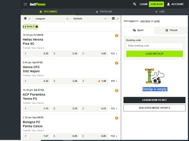 Screenshot of Serie A odds on betPawa Uganda