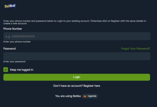 Betika Uganda’s login page where to fill your tel.no and password.