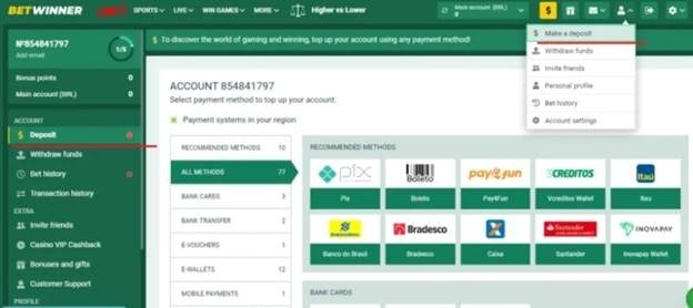 Betwinner's variety of deposit options.