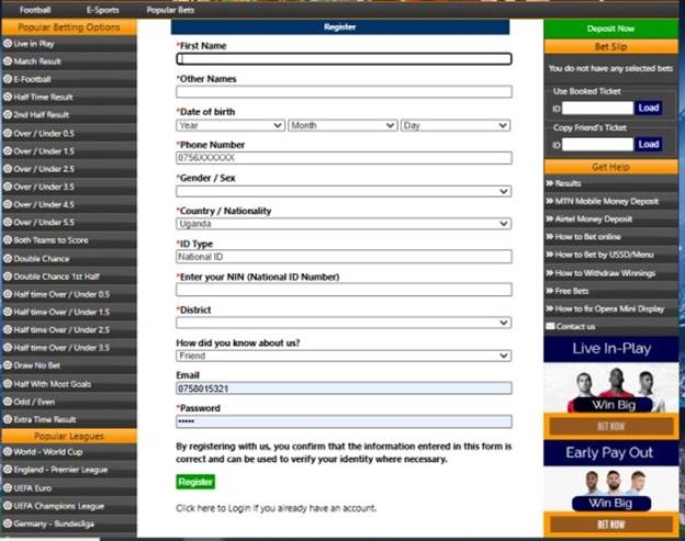 Image screenshot of ABabet's registration form
