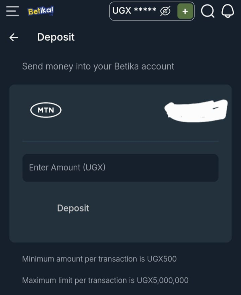 A sample of Betika Mobile's deposit page.
