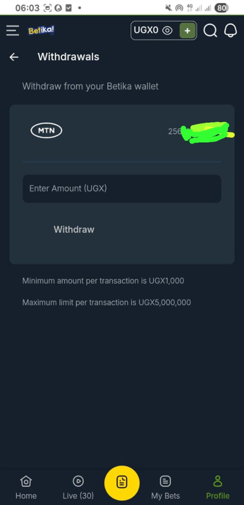 IMAGE Showing the Betika mobile app withdrawal interface screen.