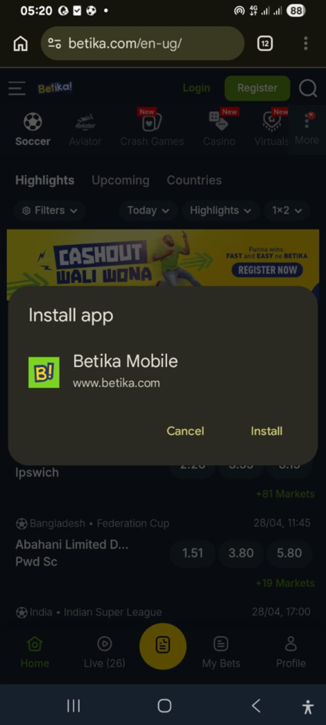 A screenshot of the Betika App download page.