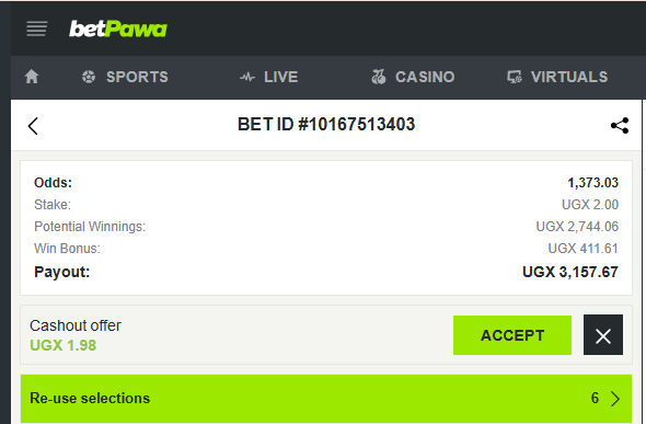 Image of a sample cashout page on betPawa