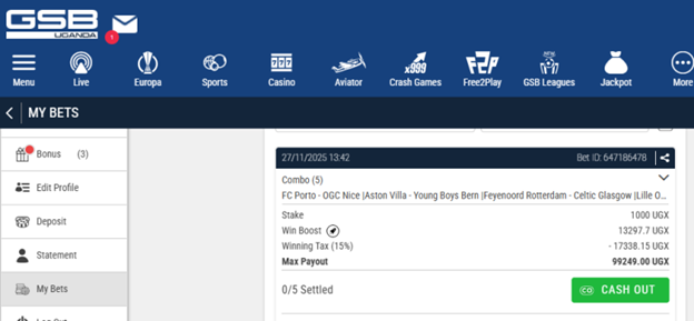 Screenshot of a sample cash out page on Gals SPort Betting