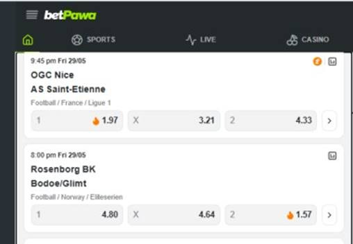 A screenshot of betPawa sportsbook odds