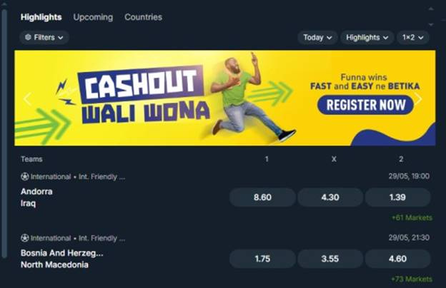 A sample of Betika Uganda odds