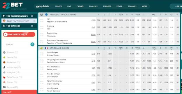 Sample of 22bet sportsbook with odds displayed